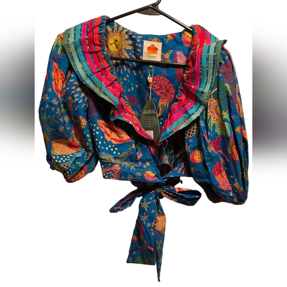 FARM Rio Tops - FARM Rio Tropical Tie-Front Puff Sleeve Crop Top